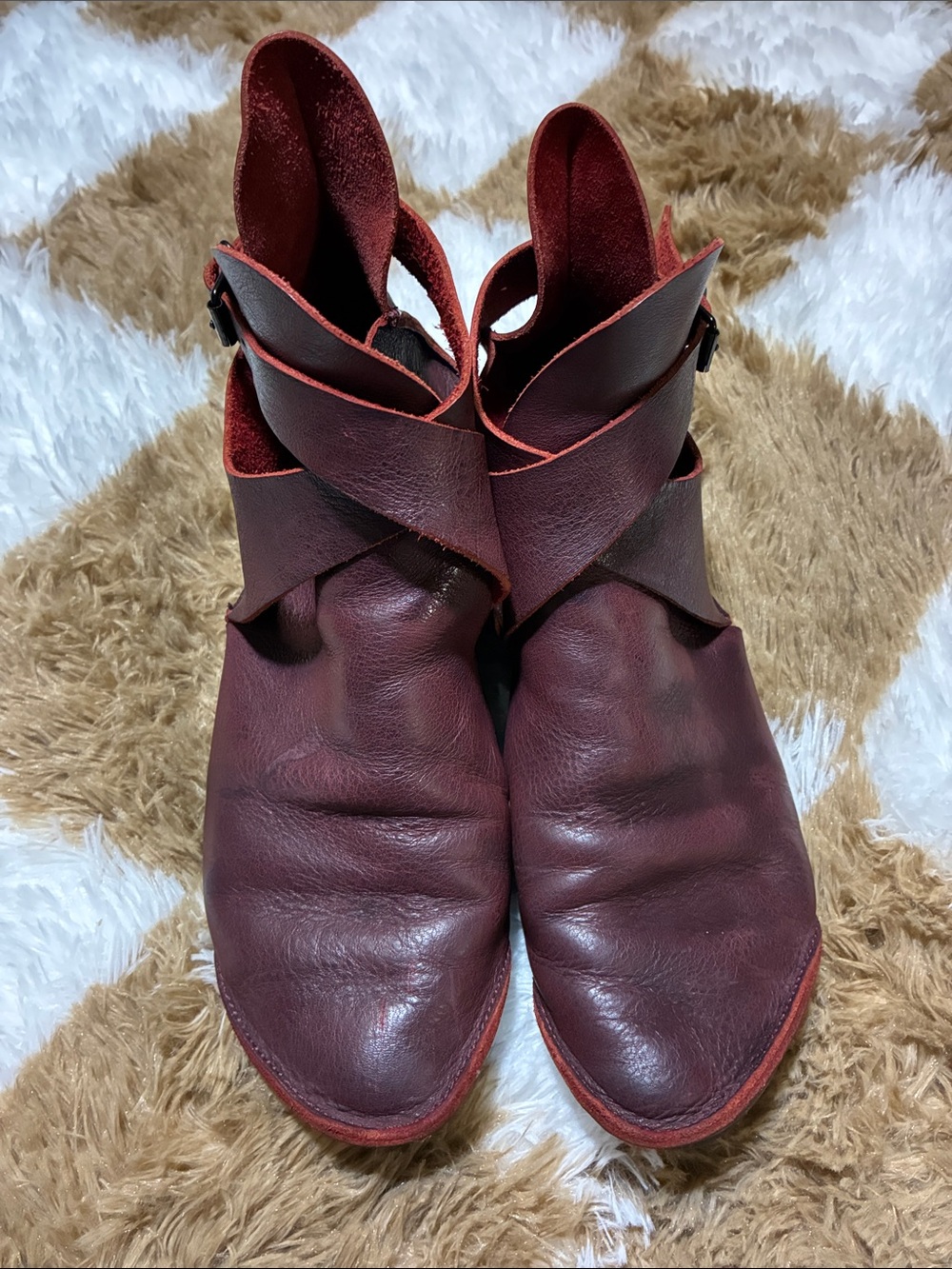 Women's Burgundy Leather Ankle Booties with Wrap Strap